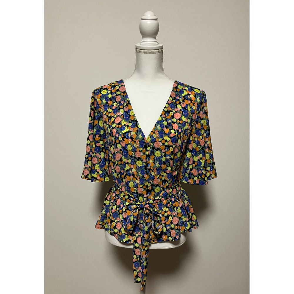 ASOS DESIGN Women Peplum Top Size 14 Multi-Color Floral Tie Waist Flutter Sleeve